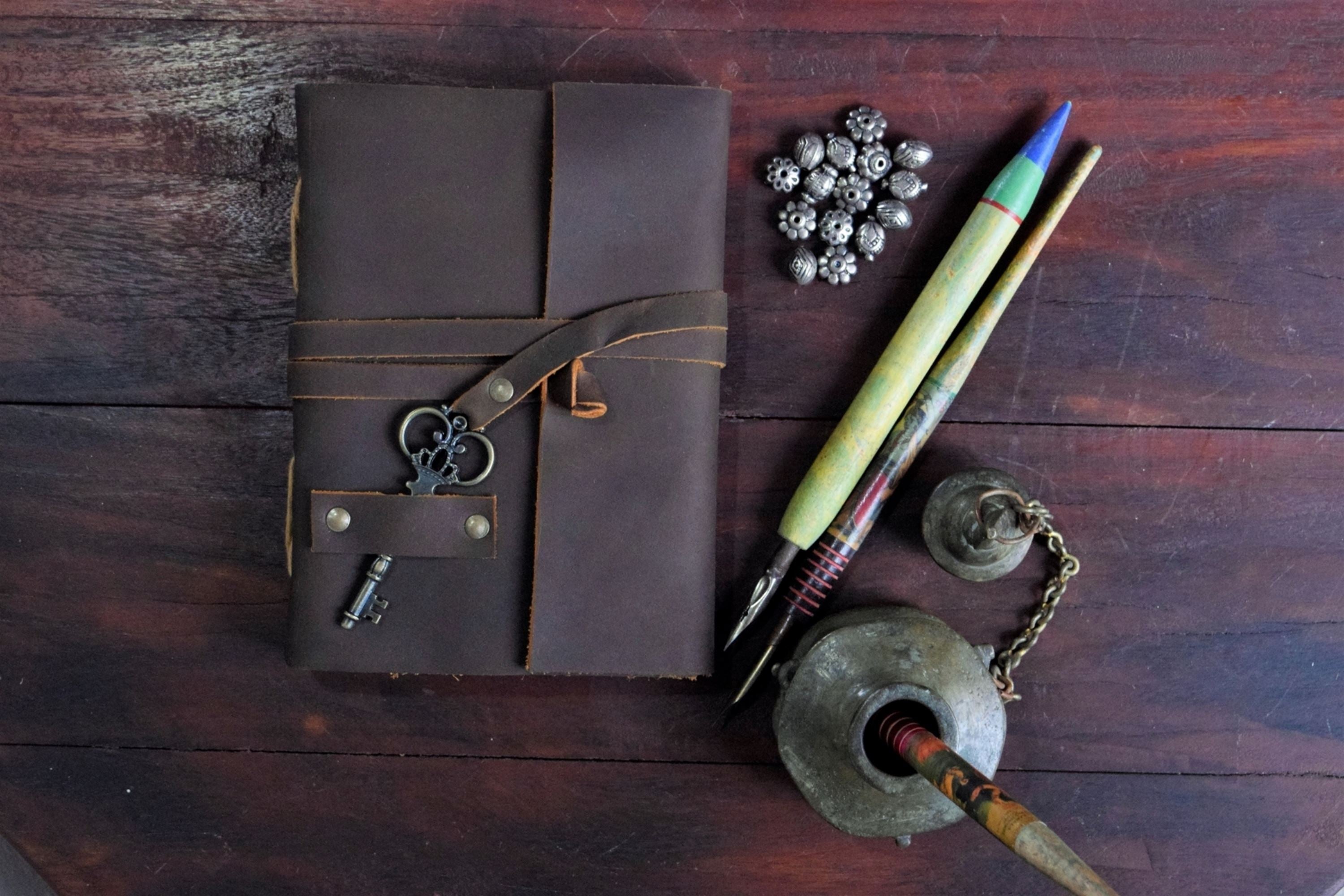 Gift for writers - Crown key buff leather journal