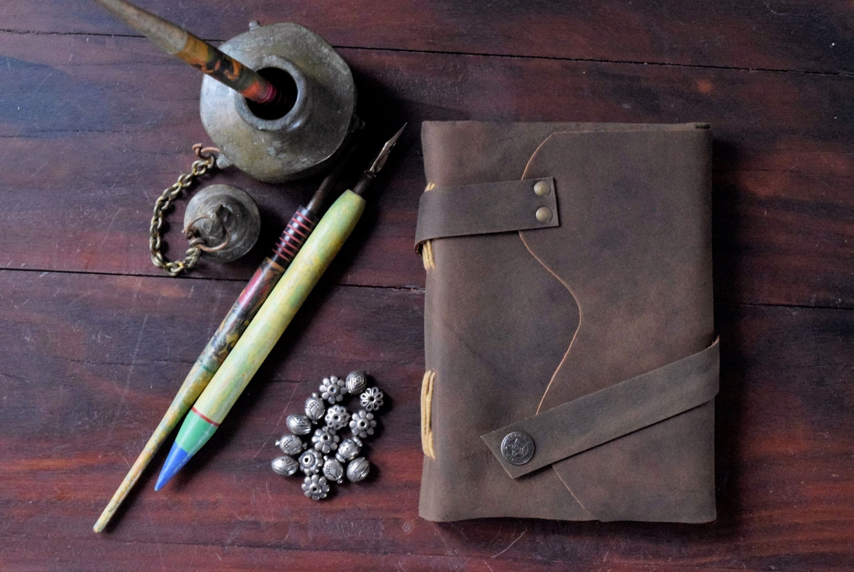 Gift for him - buff cross button leather journal