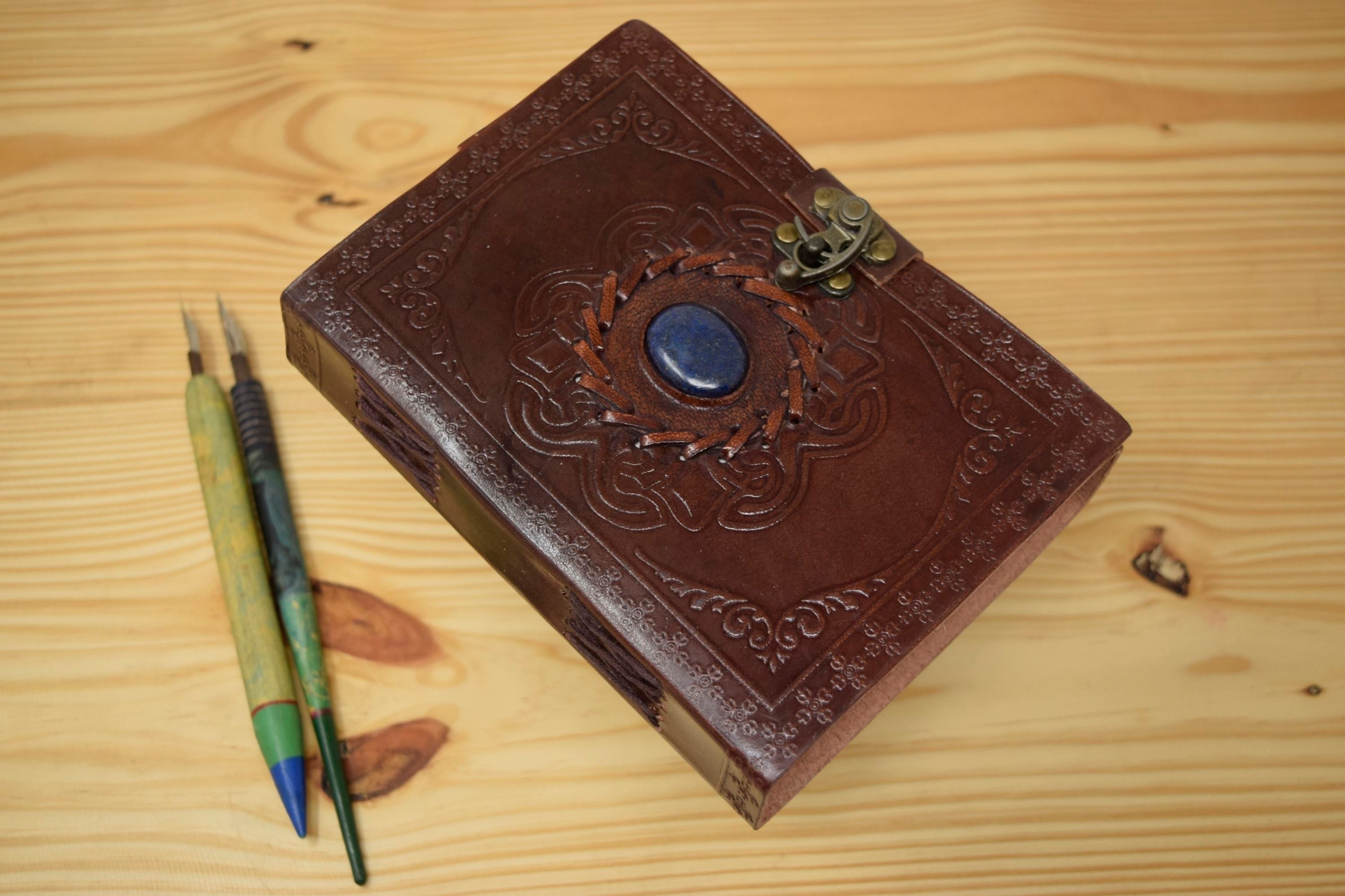 handmade goat leather diary - Blue center stone