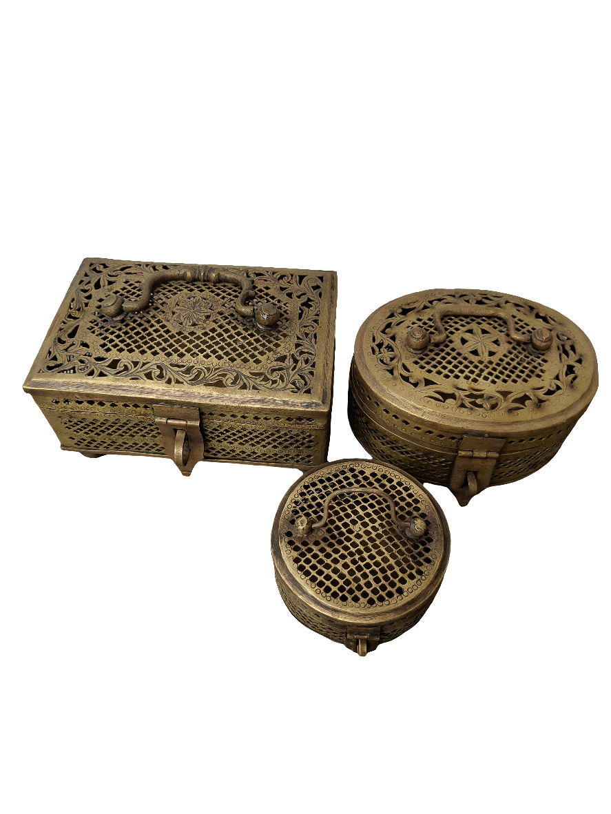 Antique 18th Century Jaali Brass Jewelry Box - Set of 3