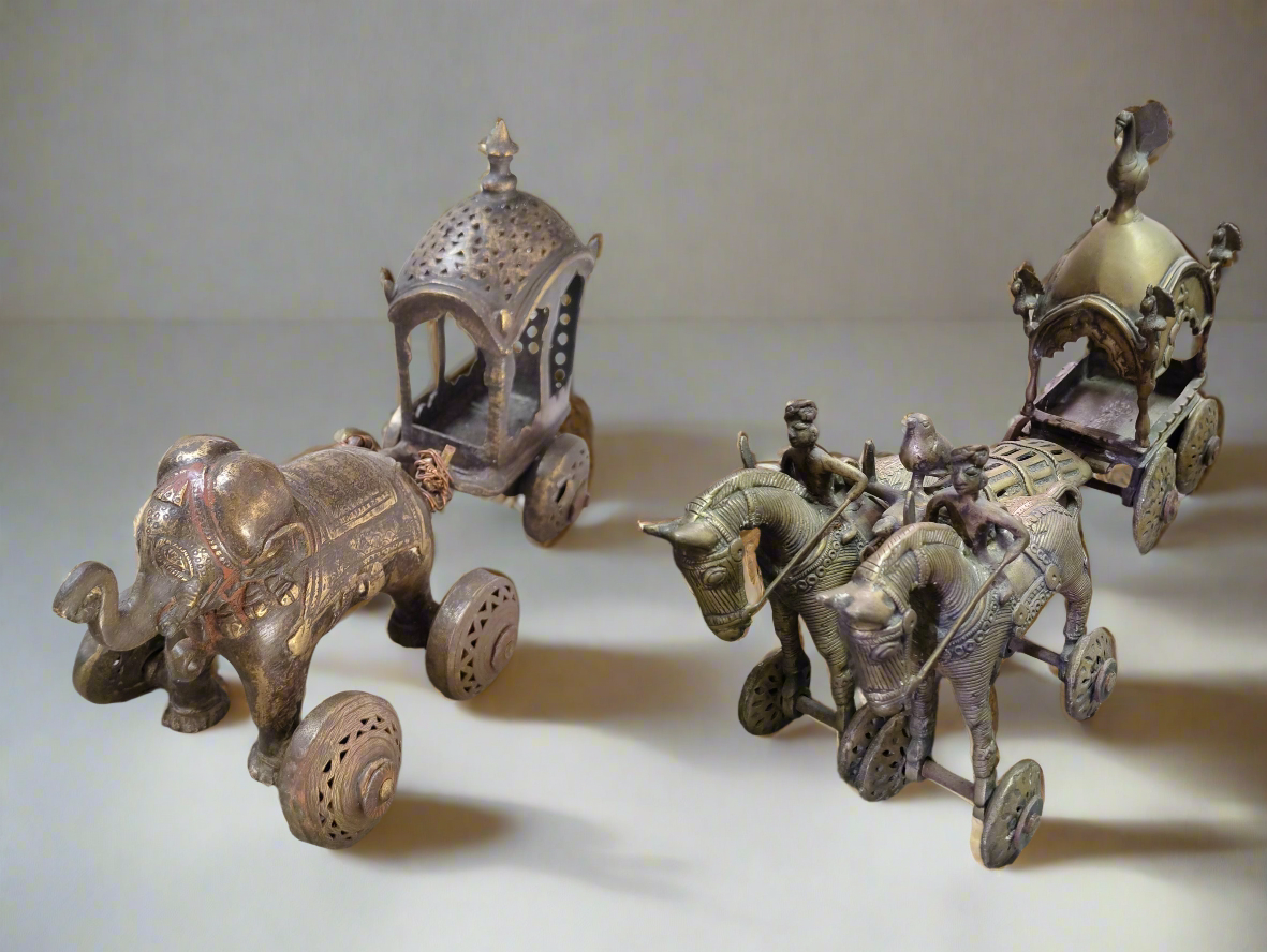 18th Century Antique Brass Horse & Elephant Chariot Set