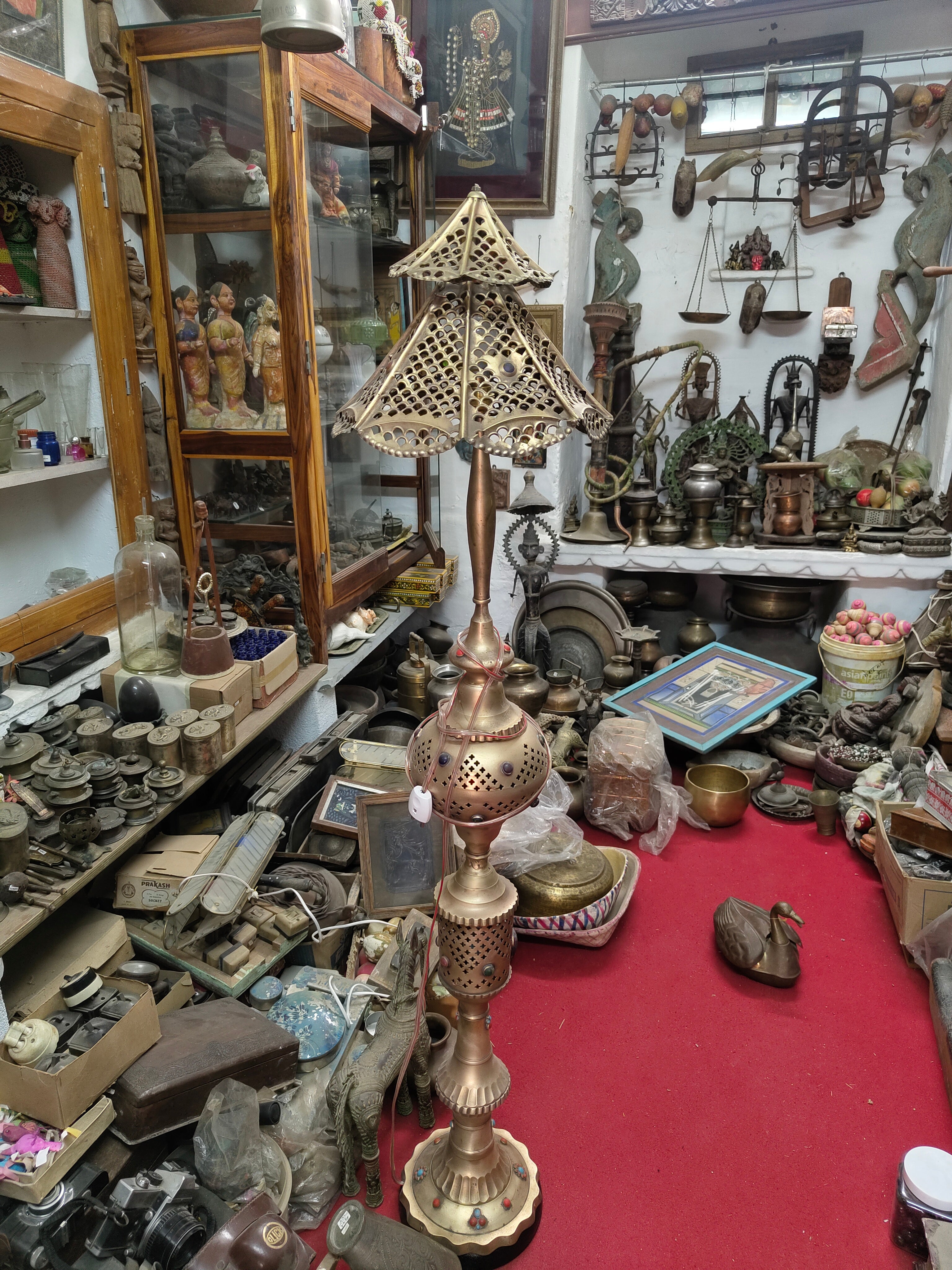 Rare 18th Century Antique Brass Lamp with 3-Tier Bulbs