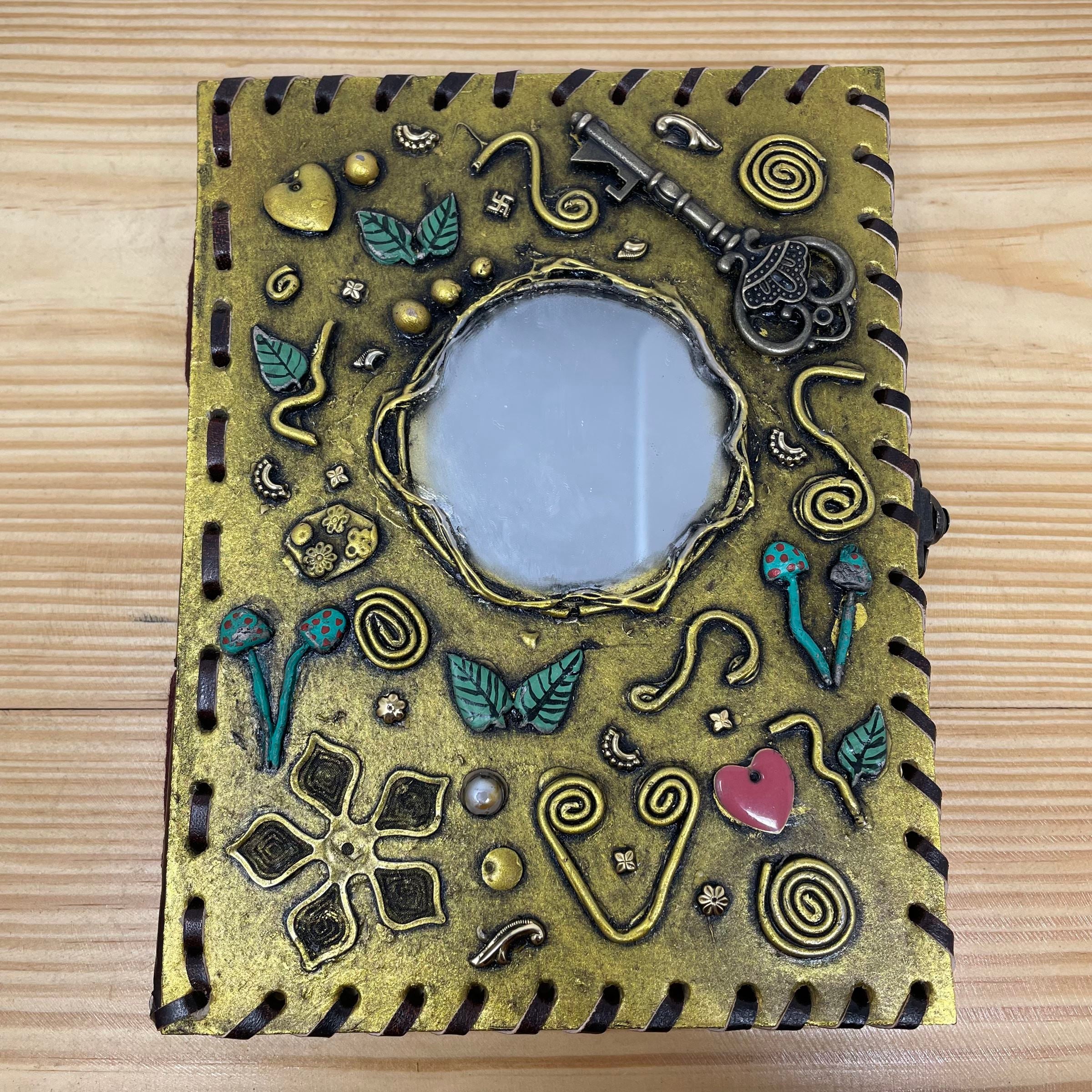 Artisan Handmade Leather Journal with Crafted Embellishments and Mirror - Customized Design with Decal Paper Inside