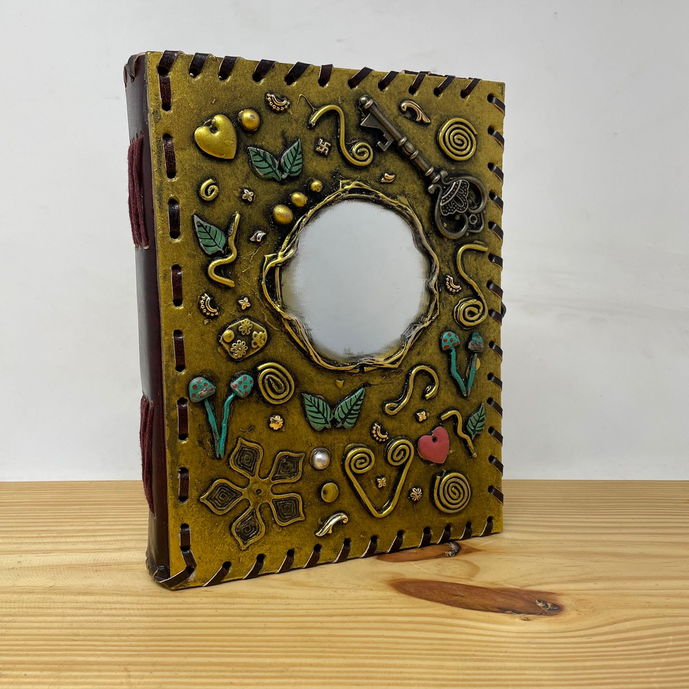 Artisan Handmade Leather Journal with Crafted Embellishments and Mirror - Customized Design with Decal Paper Inside