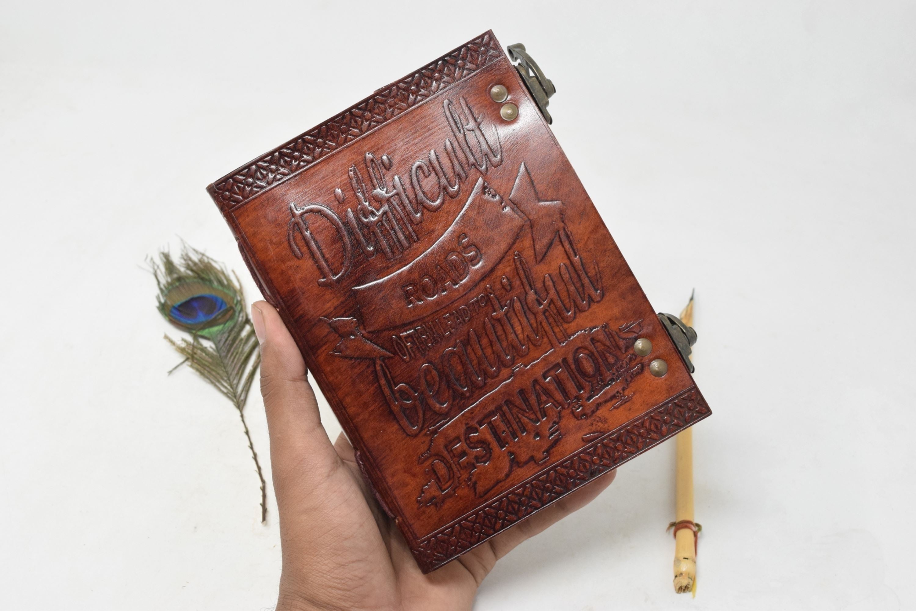 Personalized leather journal - difficult roads