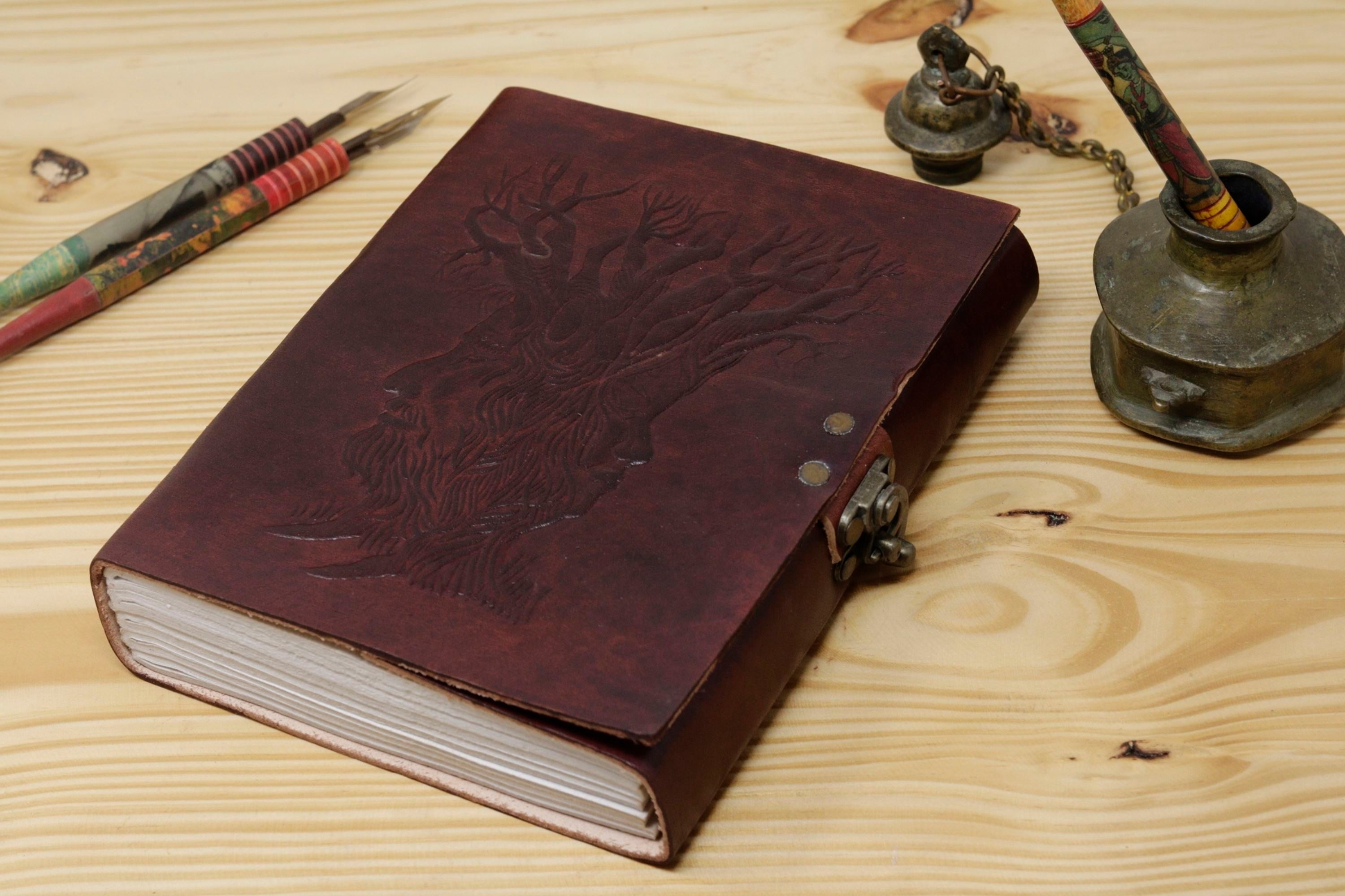 Vintage Handmade Leather Journal - Face Tree Lock