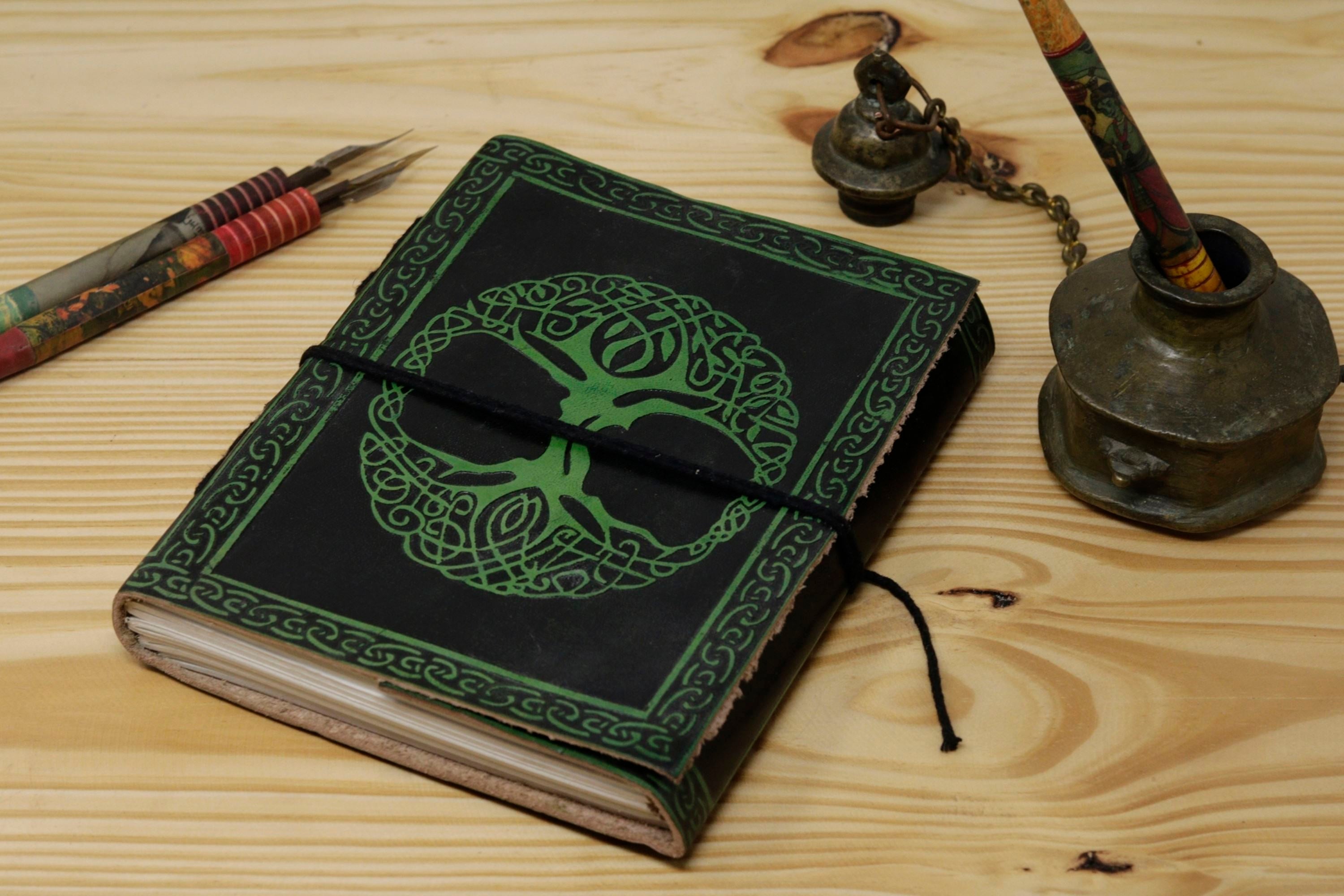 Vintage Handmade Leather Journal - Green Black Tree of Life Dori