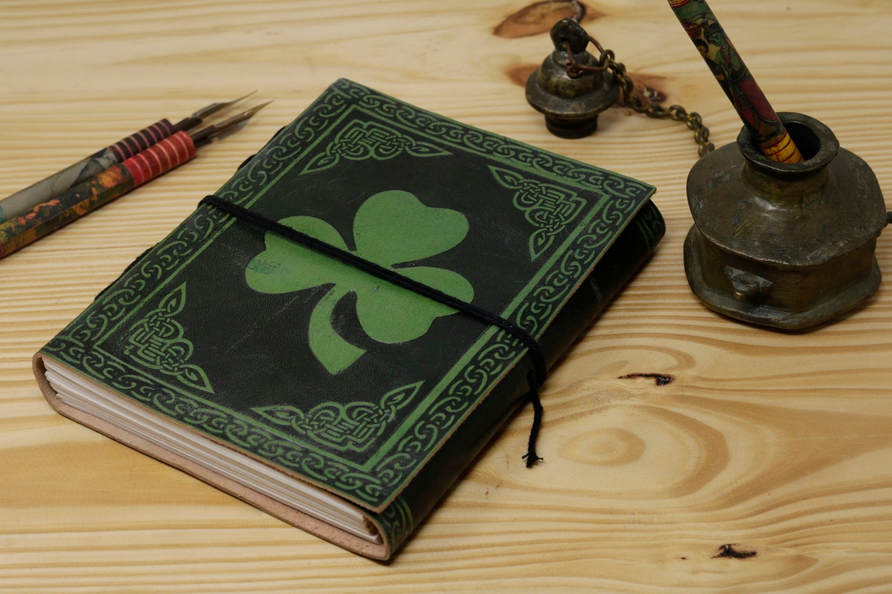 Vintage Handmade Leather Journal - Green Black Flower Dori