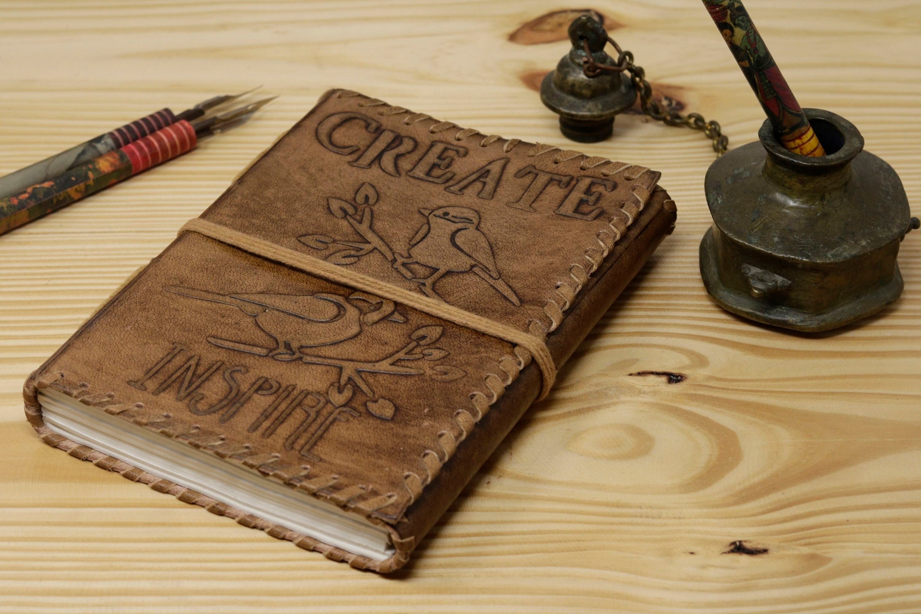 Vintage Handmade Leather Journal - Create Inspire Sparrow Dori