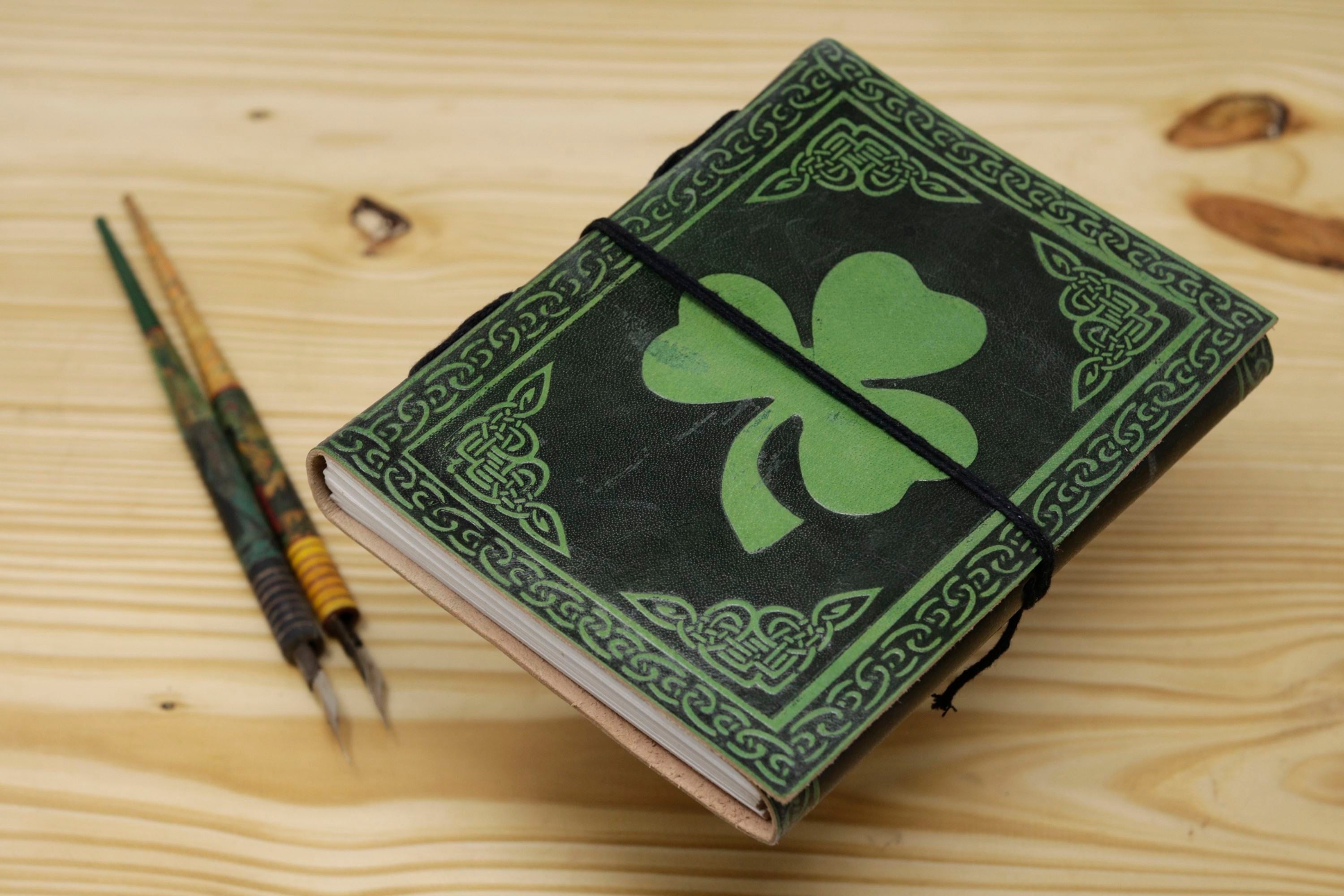 Vintage Handmade Leather Journal - Green Black Flower Dori