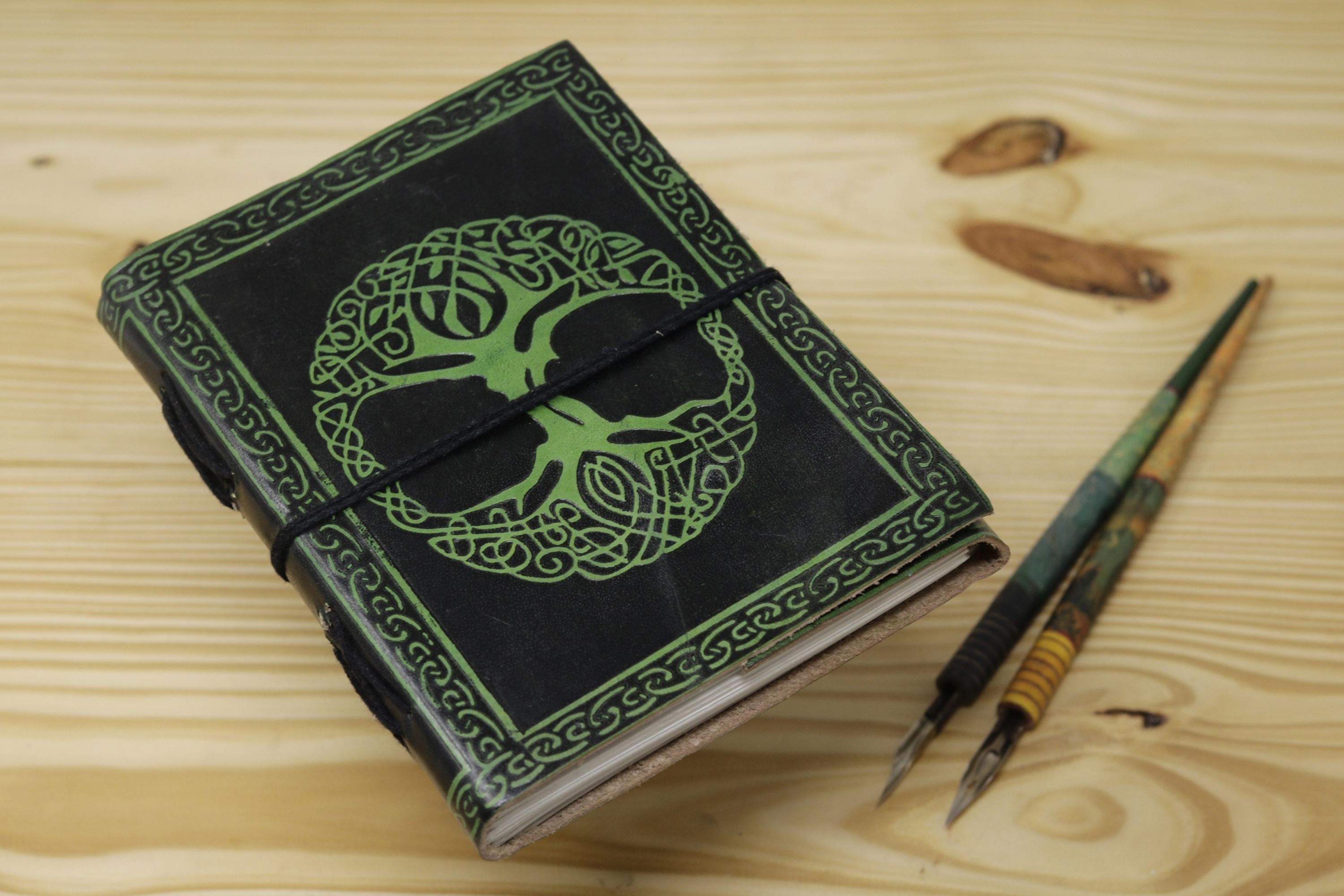 Vintage Handmade Leather Journal - Green Black Tree of Life Dori