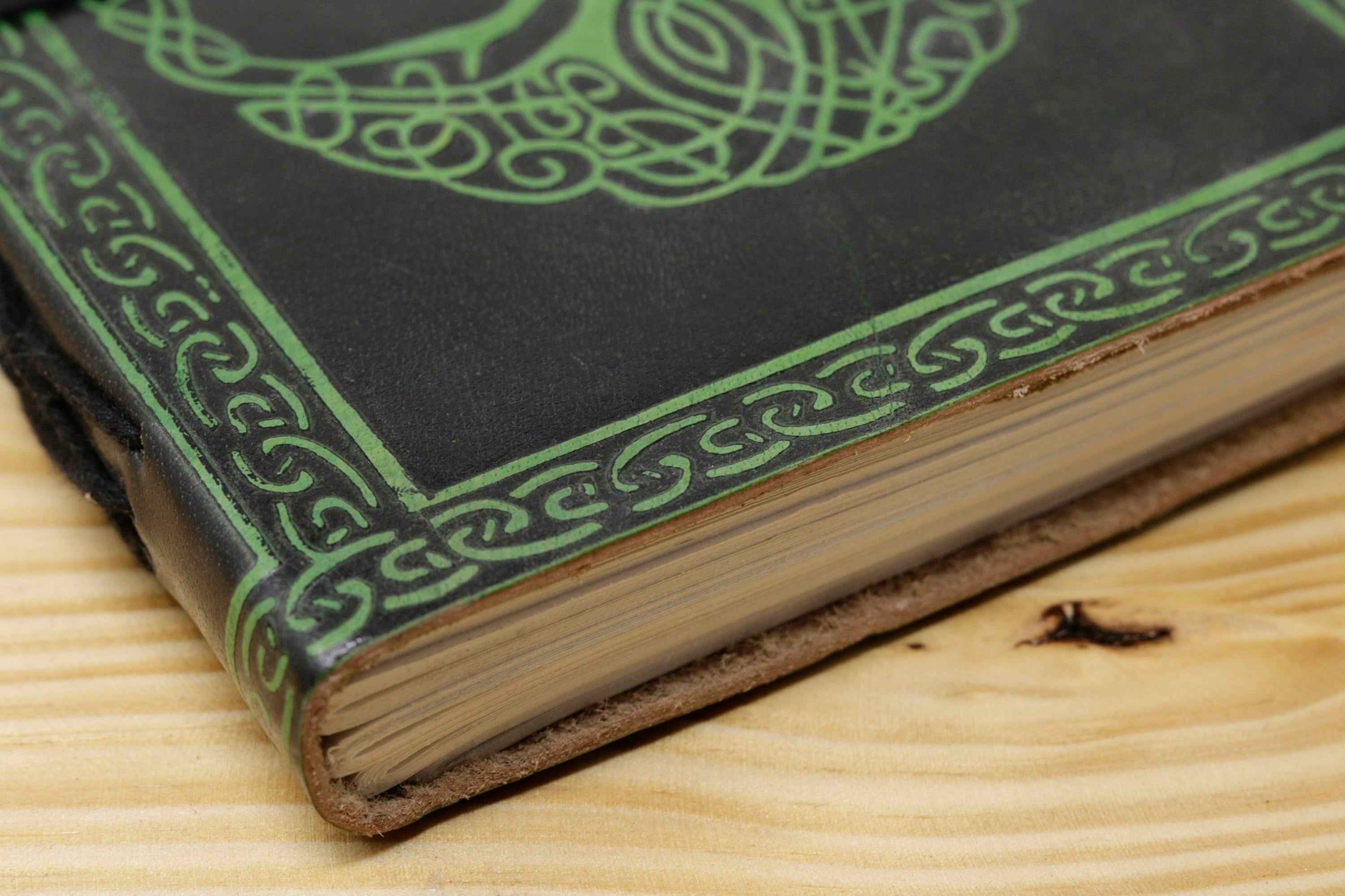 Vintage Handmade Leather Journal - Green Black Tree of Life Dori