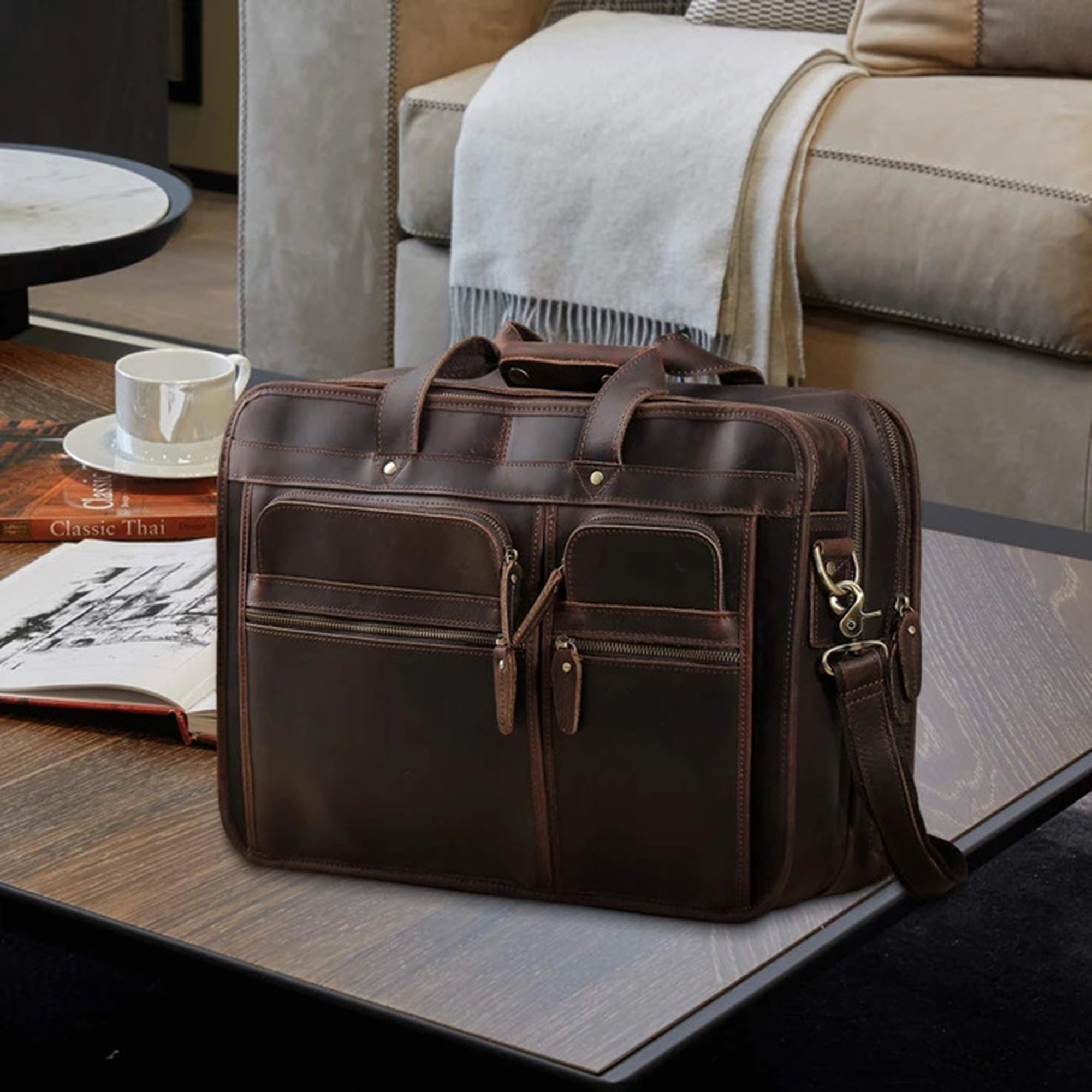 Full Grain Large Brown Leather laptop Briefcase Bag