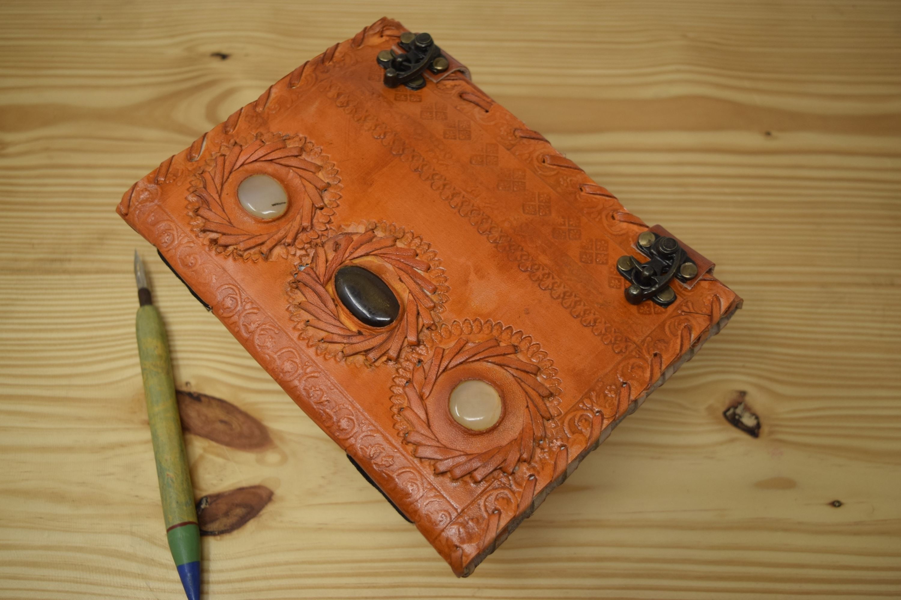 Artisanal Leather Journal - Orange Three Stone Double Lock