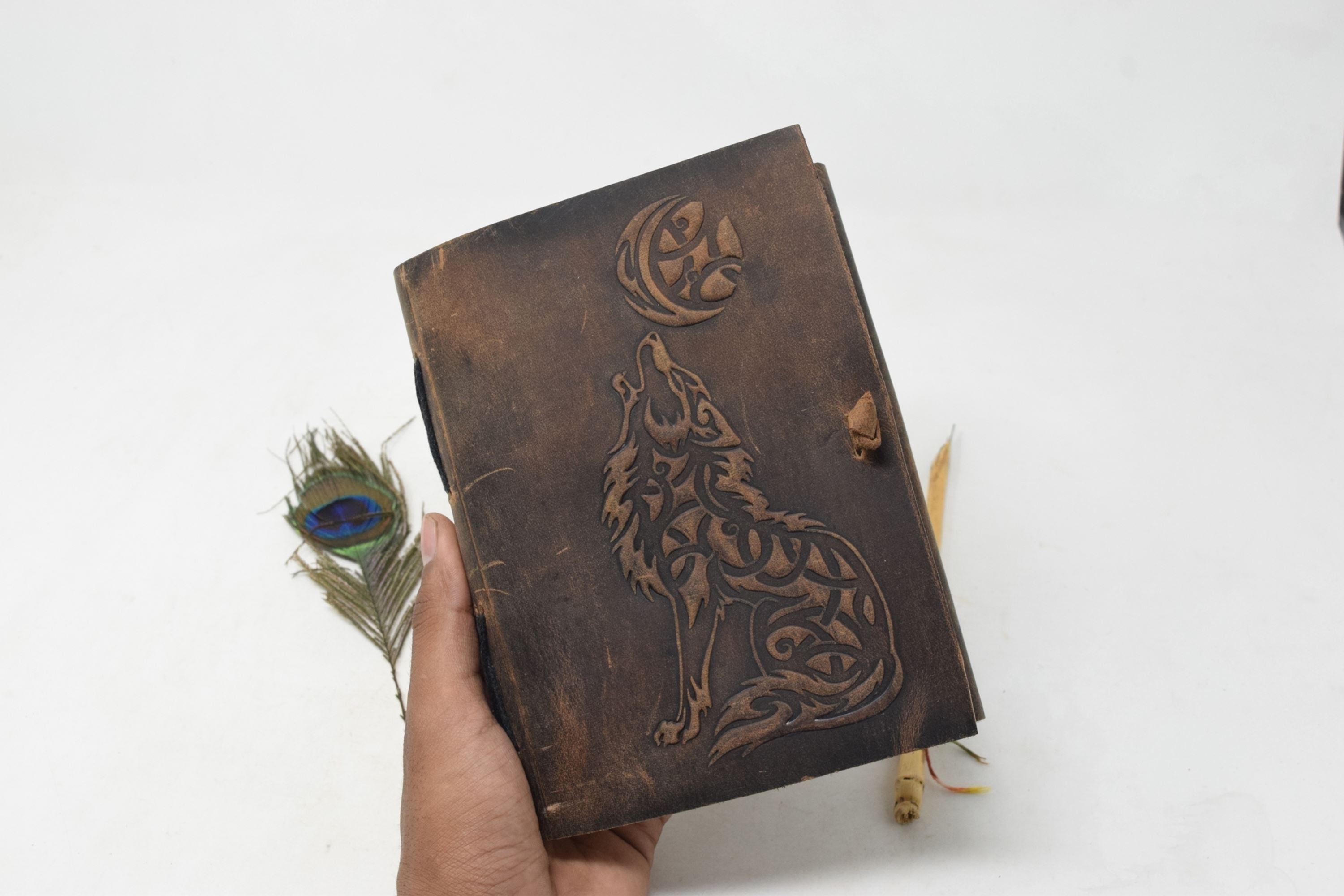 Leather journals for women - wolf moon buff